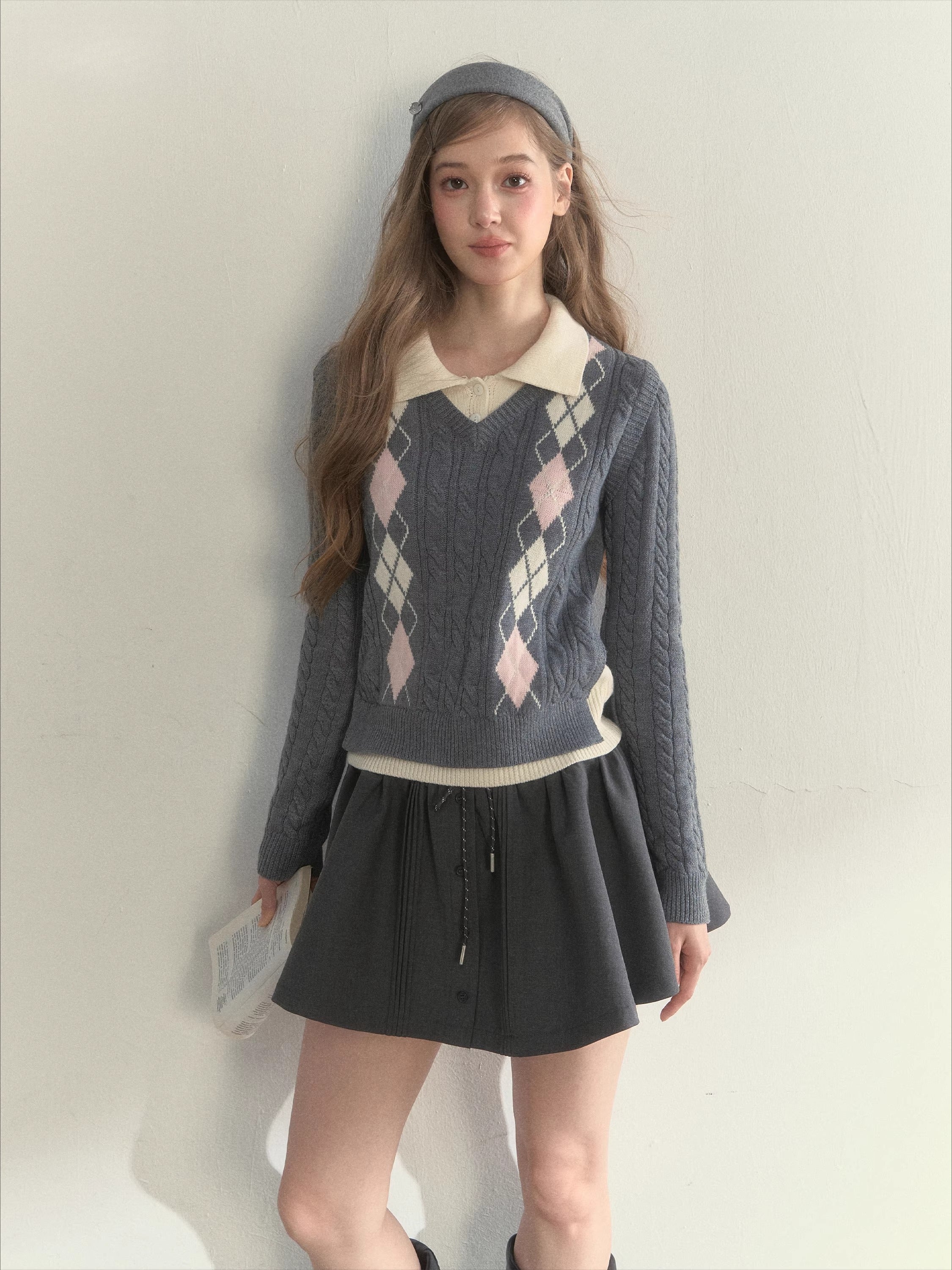 Vintage Argyle Cable Knit Layered Sweater