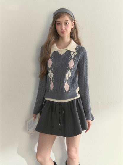 Vintage Argyle Cable Knit Layered Sweater