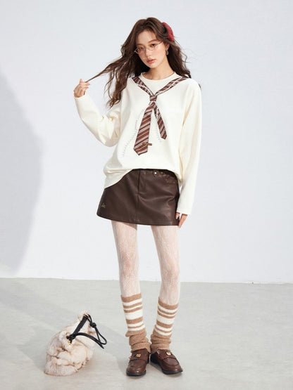 Pearl-Tie Printed Relaxed Long Sleeve T-Shirts