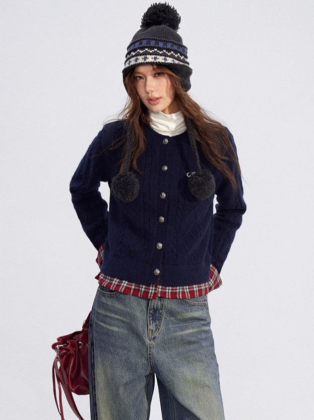 Plaid Patchwork Knit Cardigan