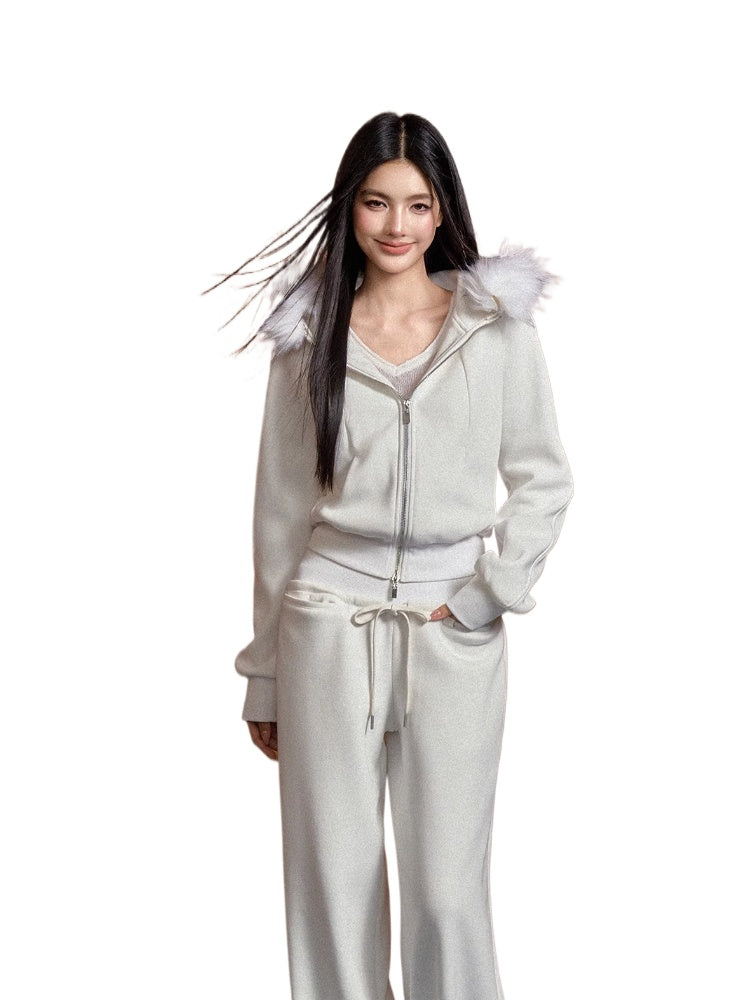 Detachable Fur Collar Hoodie &amp; Pant Set