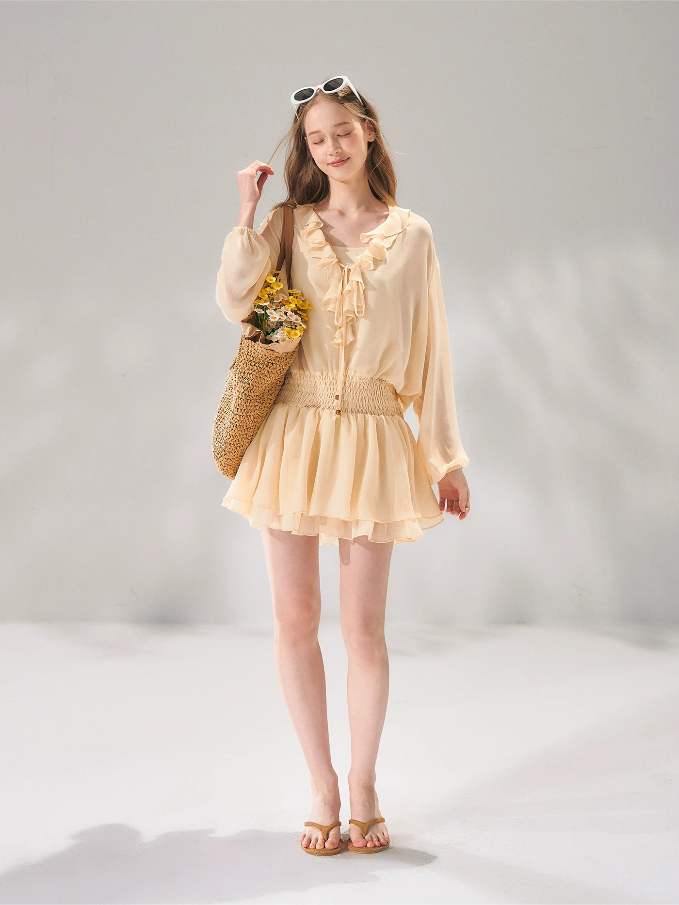 Beaded Ruffle-Trim Chiffon Mini Dress