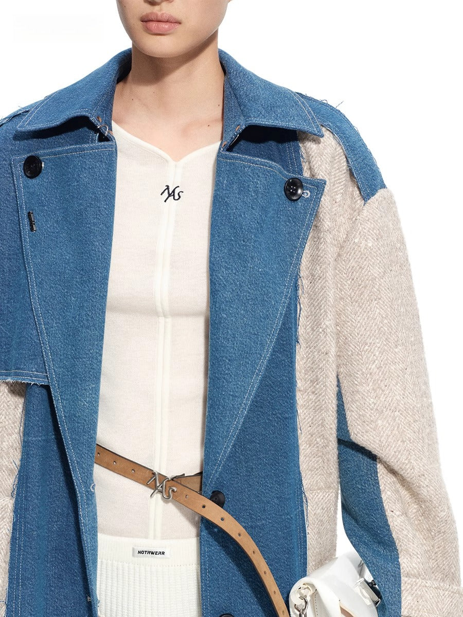 “Caracal Series” Washed Twill Patchwork Wool Denim Trench Coat