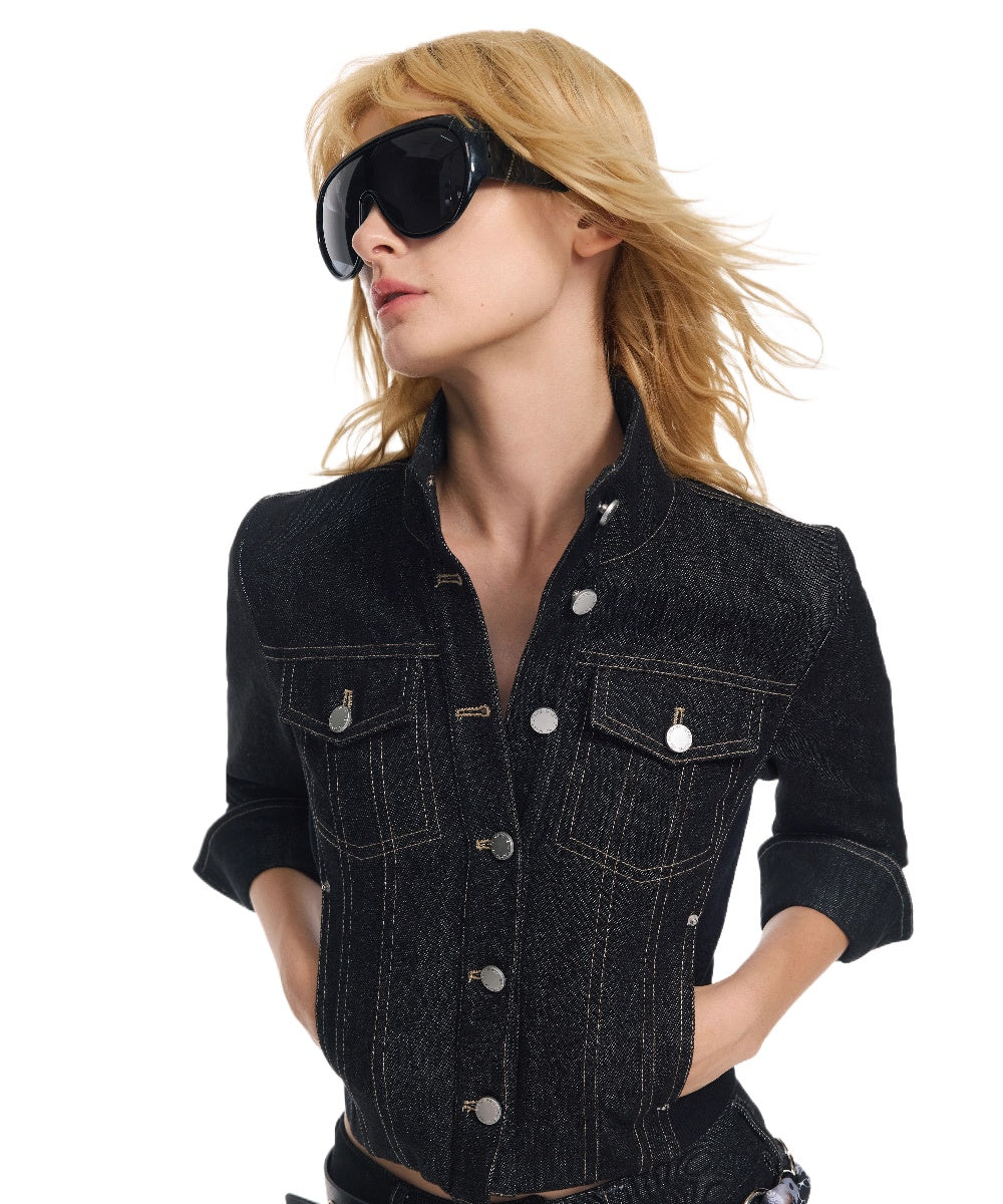 Cropped Stripe Stitch Denim Jacket &amp; Skirt Set