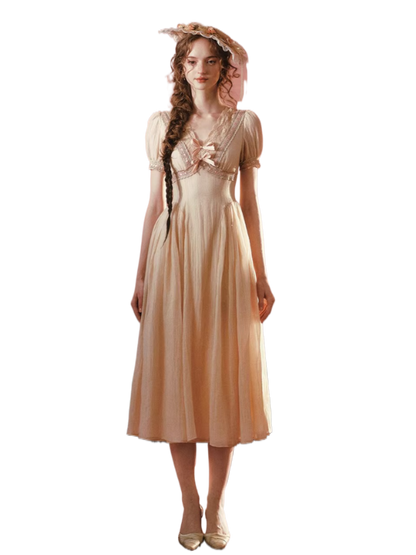 Sunset Rose French Vintage V-Neck Waist-Cinching Dress