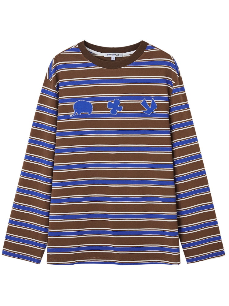 Color-Block Applique Embroidered Striped Long-Sleeve T-Shirt - CHINASQUAD