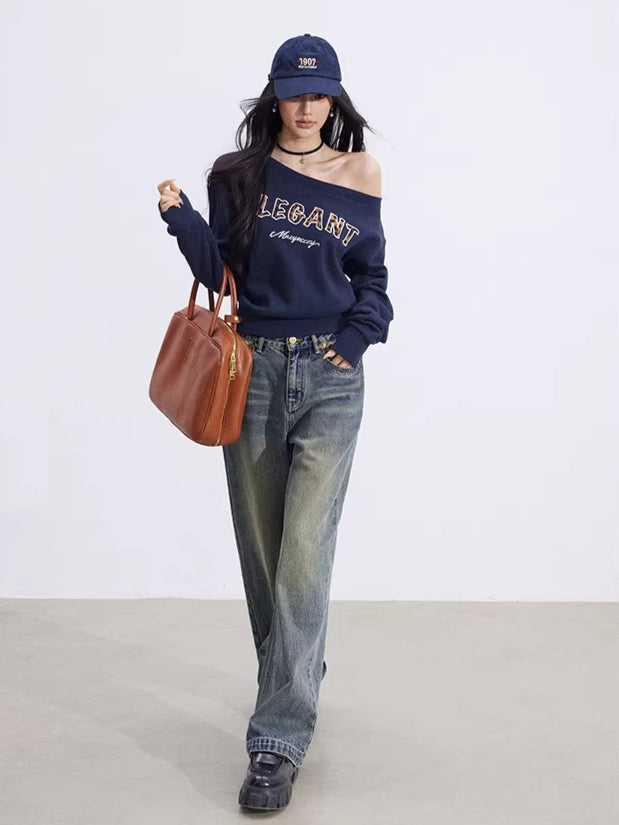 Off-Shoulder Letter-Print Cropped Sweatshirt