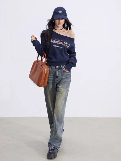 Off-Shoulder Letter-Print Cropped Sweatshirt