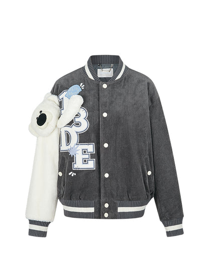 Bear Sleeve Corduroy Baseball Jacket