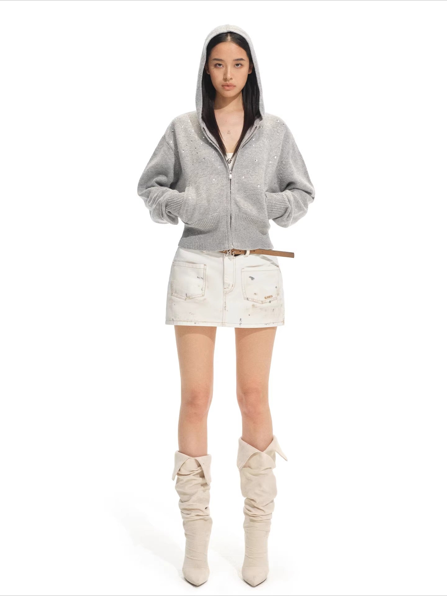 Stardust Gradient Rhinestone Hooded Knit Cardigan