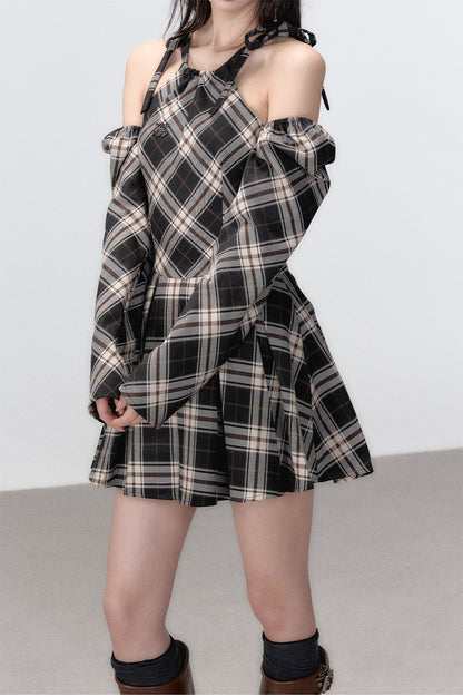 Black Plaid A-line Halter Mini Dress - CHINASQUAD