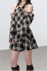 (Final Sale) Black Plaid A-line Halter Mini Dress - CHINASQUAD