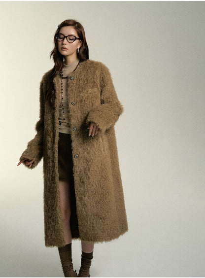 Khaki &amp; Milk White Long Suede Fur Coat - CHINASQUAD