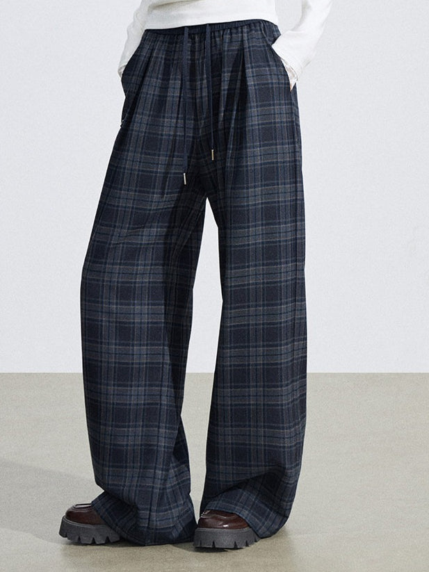 Elastic Waist Plaid Panel Wide-Leg Trousers