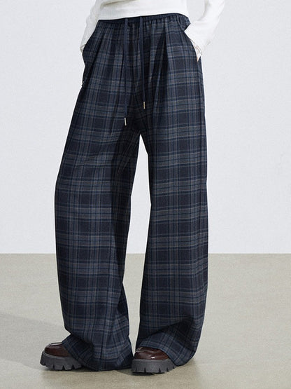 Elastic Waist Plaid Panel Wide-Leg Trousers