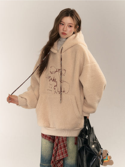 Color Block Bow Embroidery Lamb Wool Hoodie