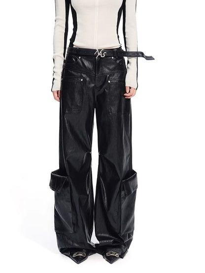 Punk-Style Eco Textured Faux Leather Wide-Leg Pants