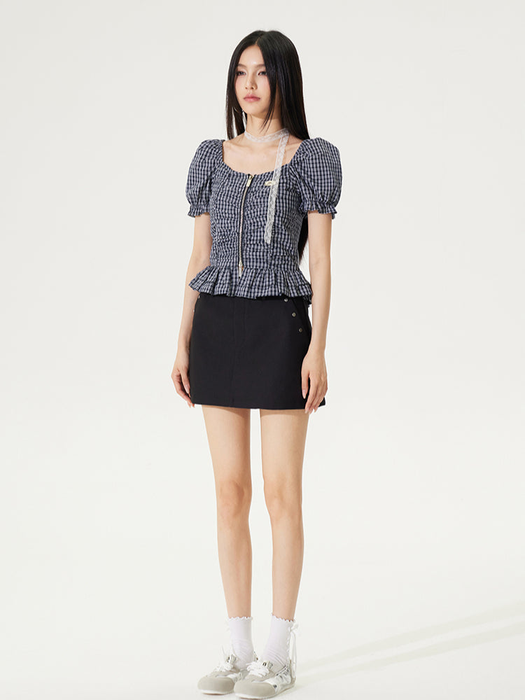 Puff Sleeve One-Word Collar Plaid Top - CHINASQUAD