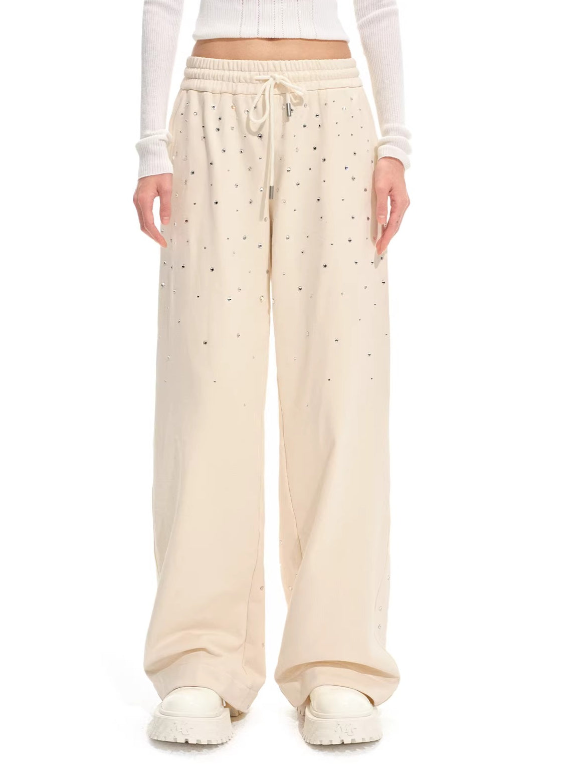 Gradient Rhinestone Cotton Knit Wide-Leg Pants