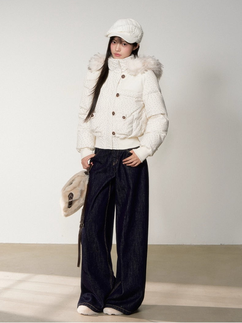 Fuzzy Plaid Down Faux Fur Collar Jacket