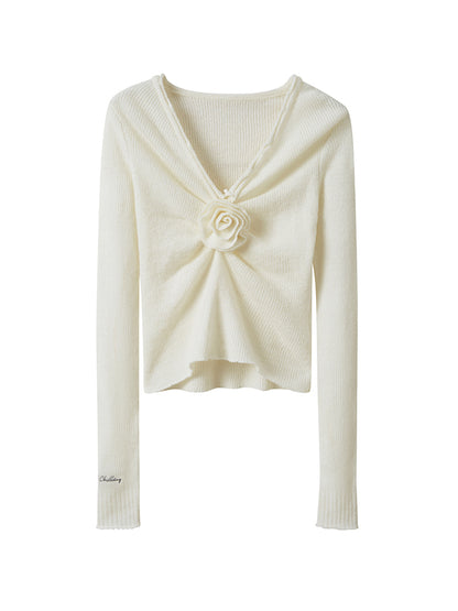 Rose Embellishment V-Neck Sweater