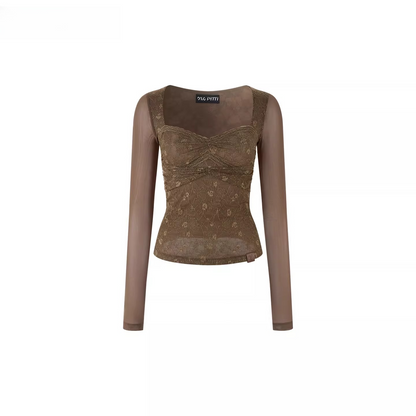 Lace Mesh Ruched Long Sleeve T-Shirts