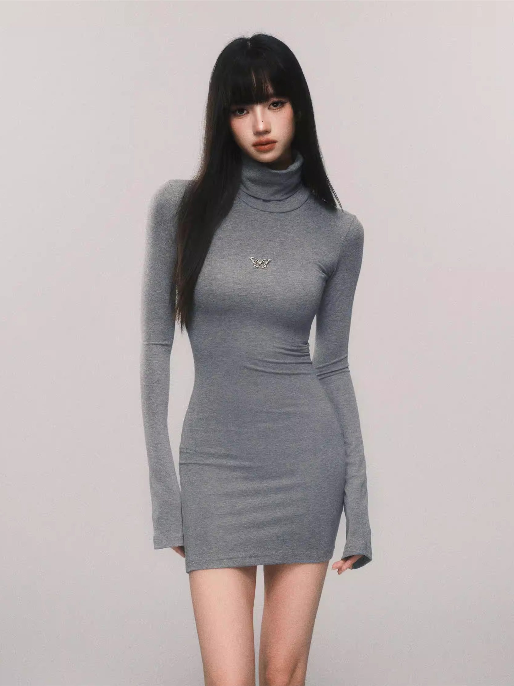 Slim-Fit Turtleneck Flared-Sleeve Knit Dress