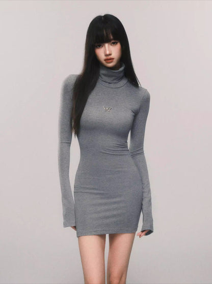 Slim-Fit Turtleneck Flared-Sleeve Knit Dress