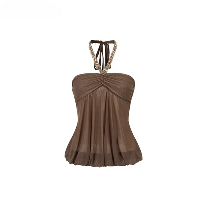 Sheer Double-Layer Mesh Halter Backless Top