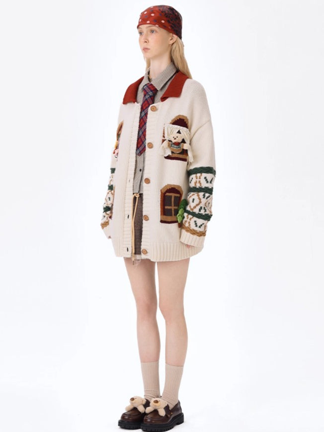 Window-View Pattern Retro Knit Cardigan
