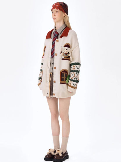 Window-View Pattern Retro Knit Cardigan