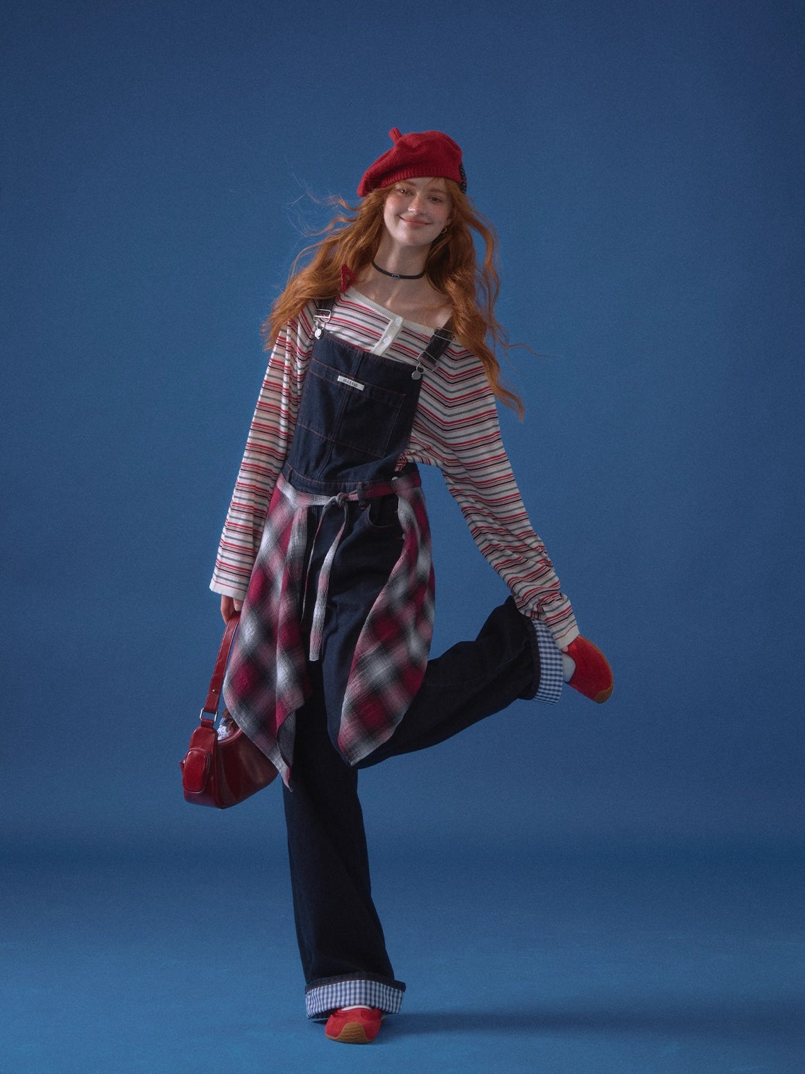 Raw Denim Wide-Leg Overalls with Red Stitching