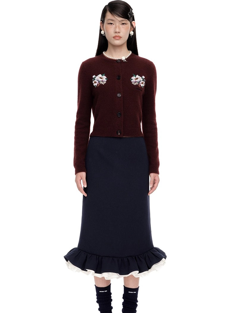 Embellished Wool-Cotton Round-Neck Knit Cardigan - CHINASQUAD