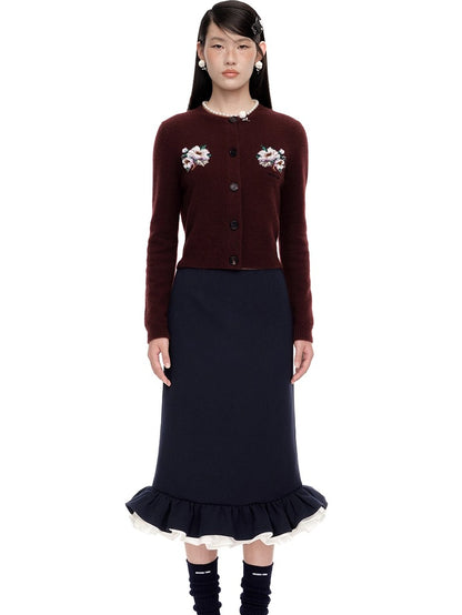 Embellished Wool-Cotton Round-Neck Knit Cardigan - CHINASQUAD