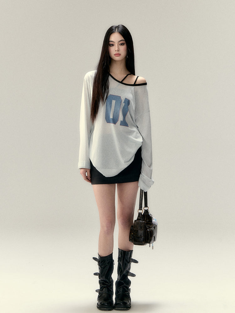 Letter Contrast Color Large Neck T-shirt