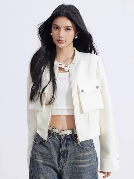 Chic Stand-Collar Tweed-Style Short Jacket