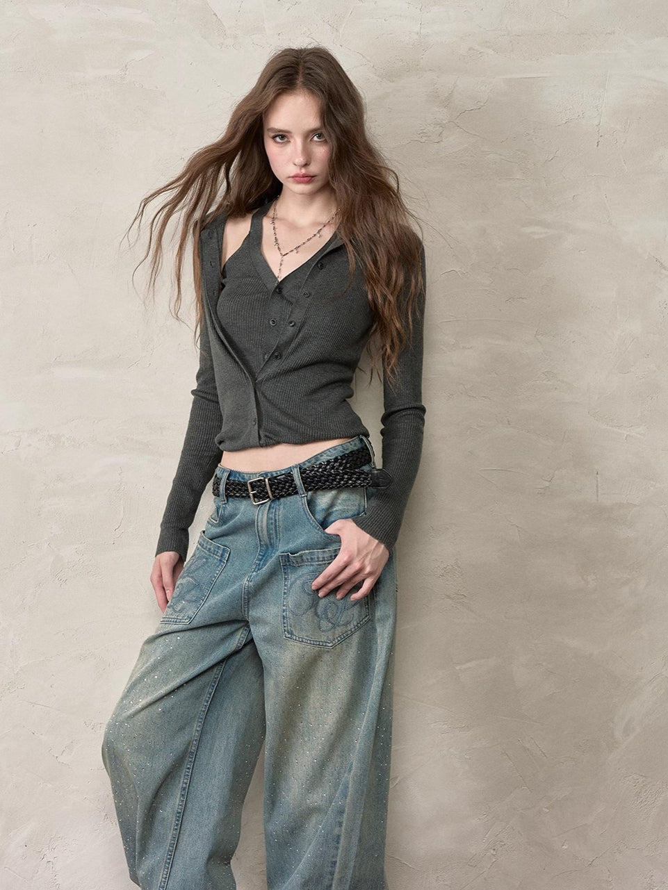 Layered Placket Faux Two-Piece Knit Cardgian