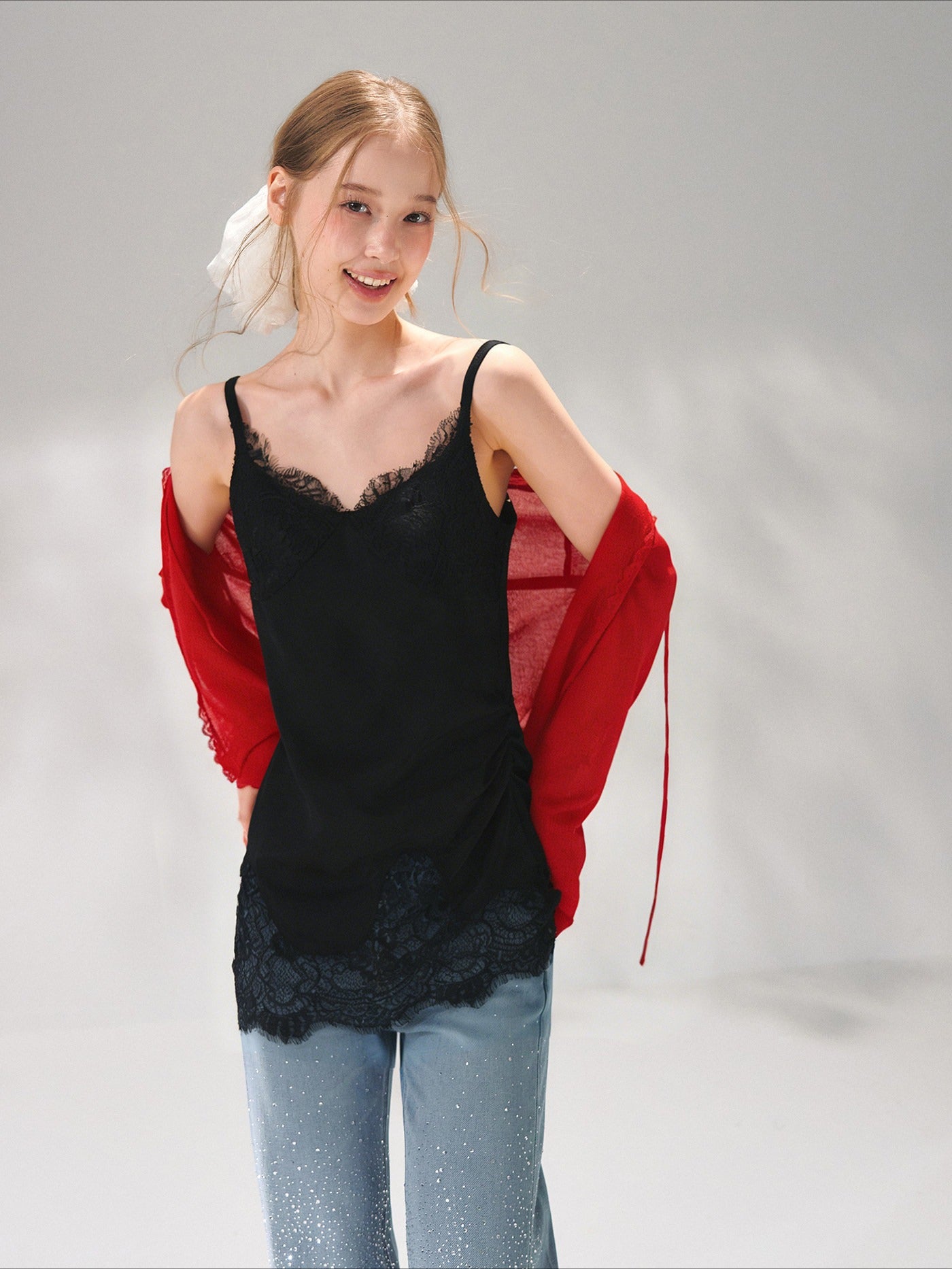 Asymmetric Lace-Trim Satin Camisole
