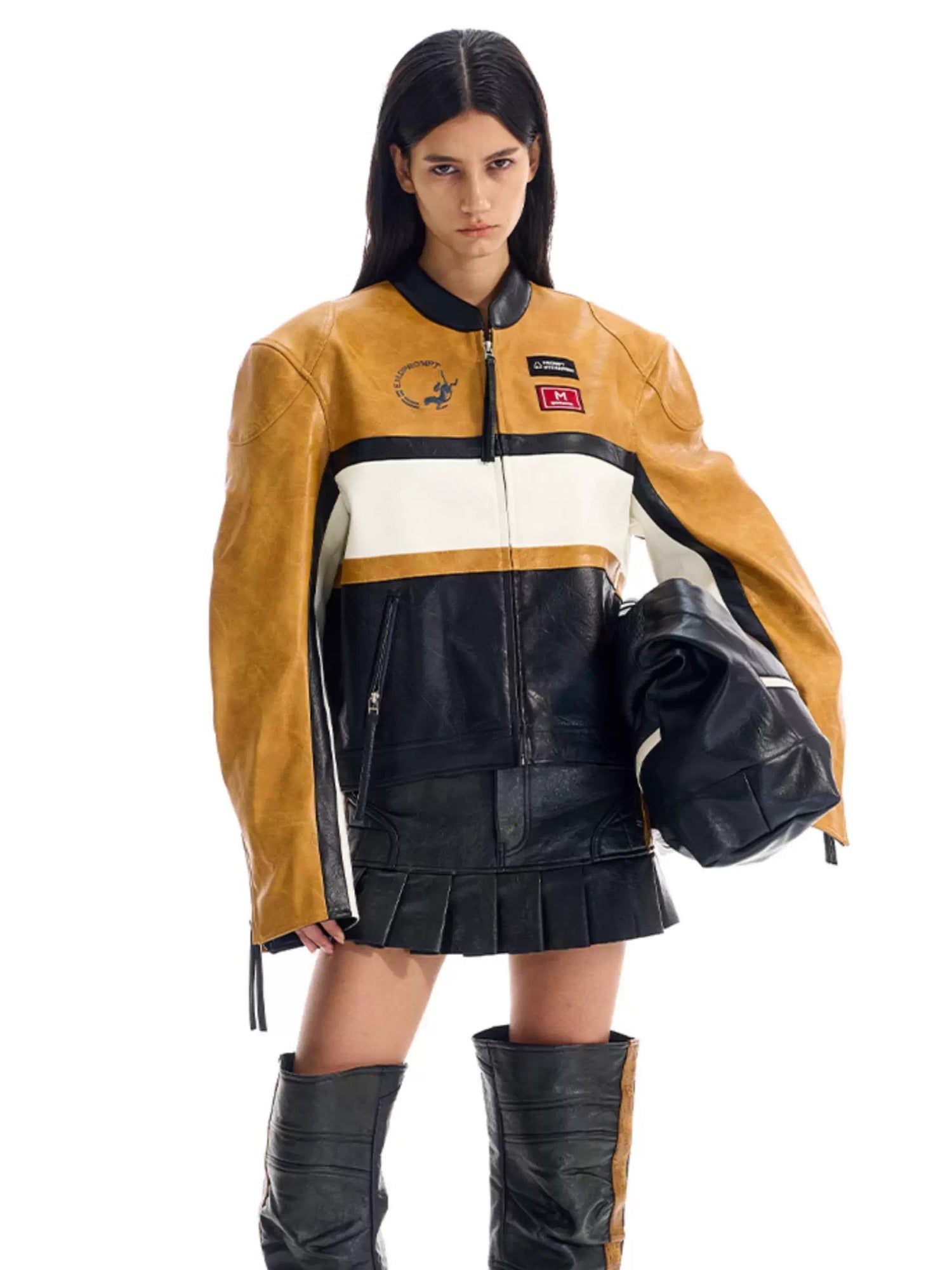 Color-Blocked Cropped Leather Sports Jacket