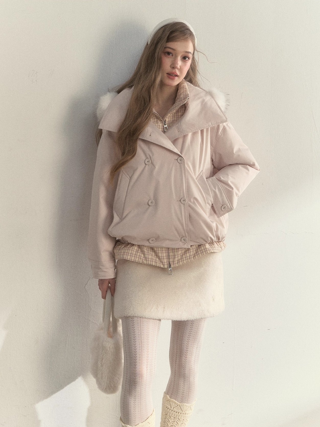 Khaki &amp; Pink Double-Breasted Layered Down Jacket