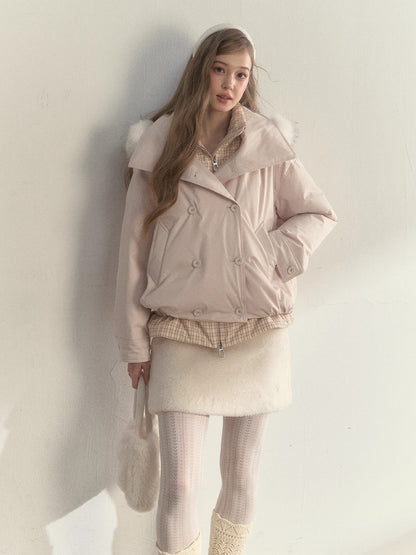 Khaki &amp; Pink Double-Breasted Layered Down Jacket