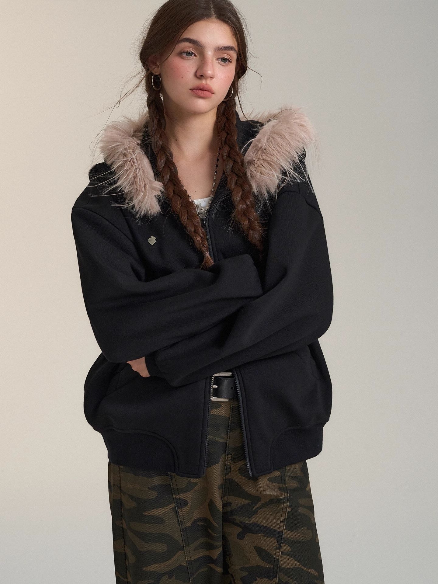 Detachable Fur Collar Double Zipper Hoodie