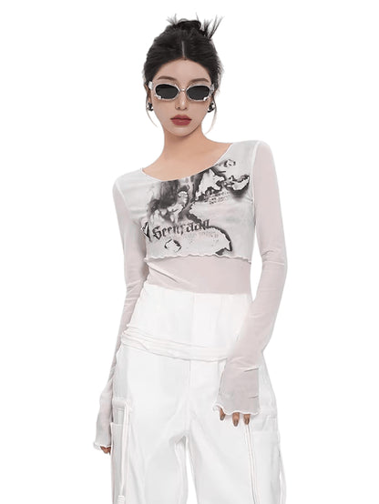 Street-Style Printed Mesh Long-Sleeve T-Shirt