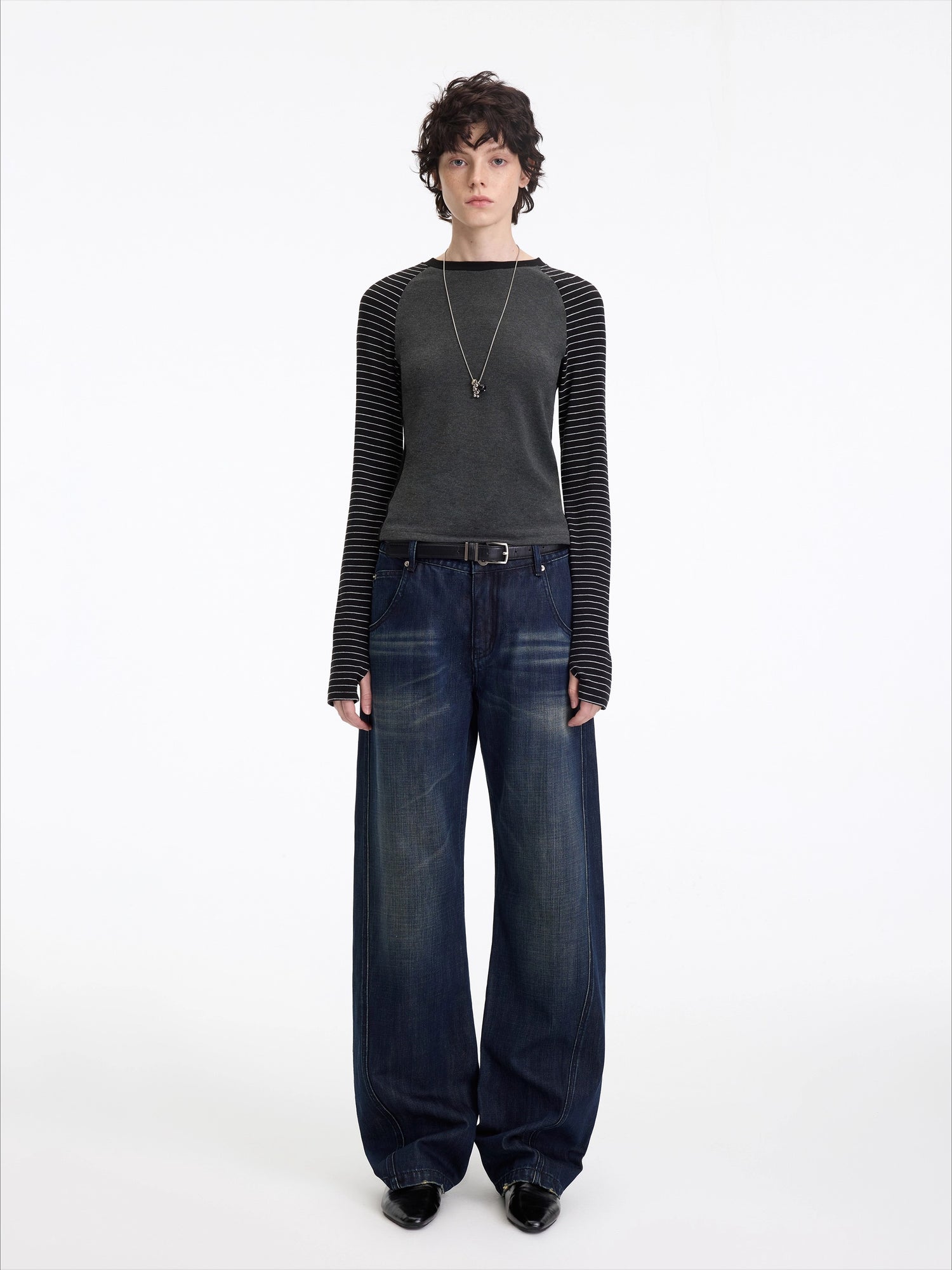 Washed Panel-Detail Curved Denim Pants