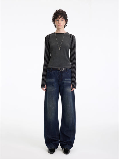 Washed Panel-Detail Curved Denim Pants