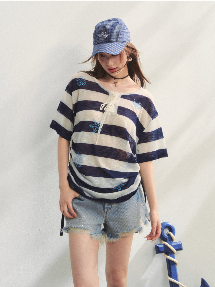 Striped Embroidery Drawstring Tie T-Shirt