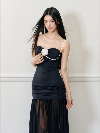 Color-Block Waist-Cinched Rose Slip Maxi Dress