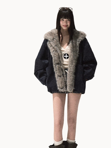 Faux Fur Collar Hooded Puffer Jacket