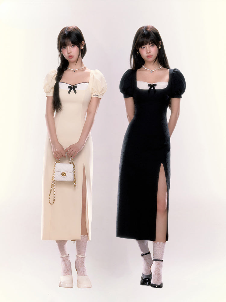 Puff Sleeve Side Slit Dress - CHINASQUAD