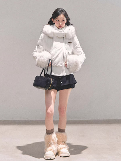Faux Fur White Duck Down Puffer Jacket